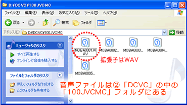 音声は「DCVC」の中の「100JVCMC」フォルダの中　拡張子はWAV