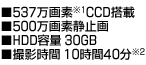 ■537万画素※１ CCD搭載■500万画素静止画■HDD容量40GB■撮影時間14時間10分※2
