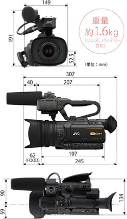 GY-HM250重量約1.6kg（レンズ、バッテリー含む）